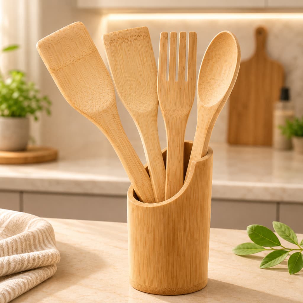 Kit Utensílios Bambu Cozinha 5 Pecas Conjunto Resistente Colher de Pau Espátula