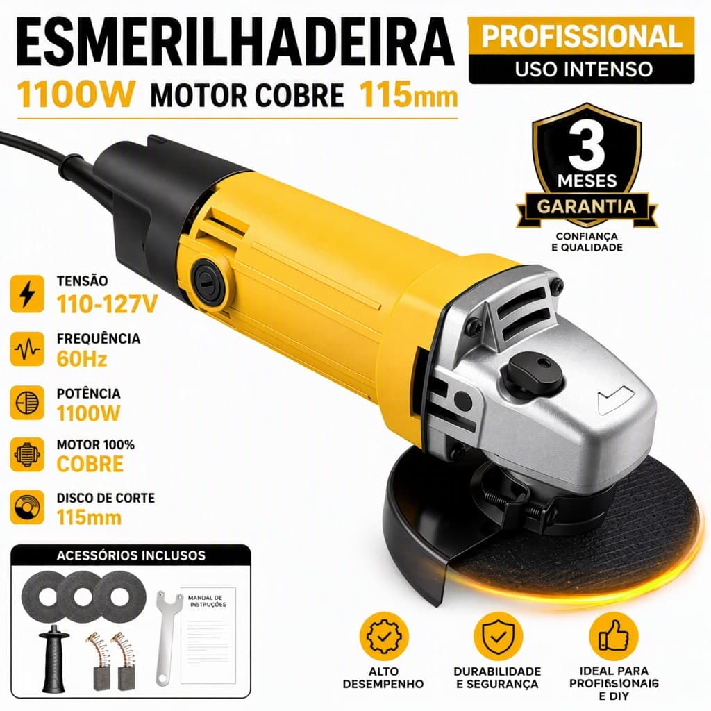 esmerilhadeira 1100W 115mm Angle Grinder with Professional Disc Kit Included