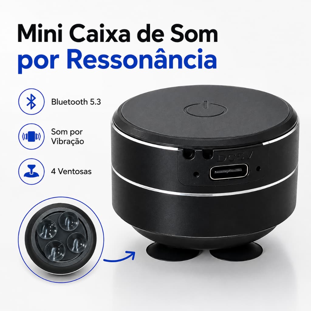 Mini Caixa de Som por Ressonância Bluetooth 5.3 3W Portátil com 4 Ventosas TWS e Carregamento Type-C