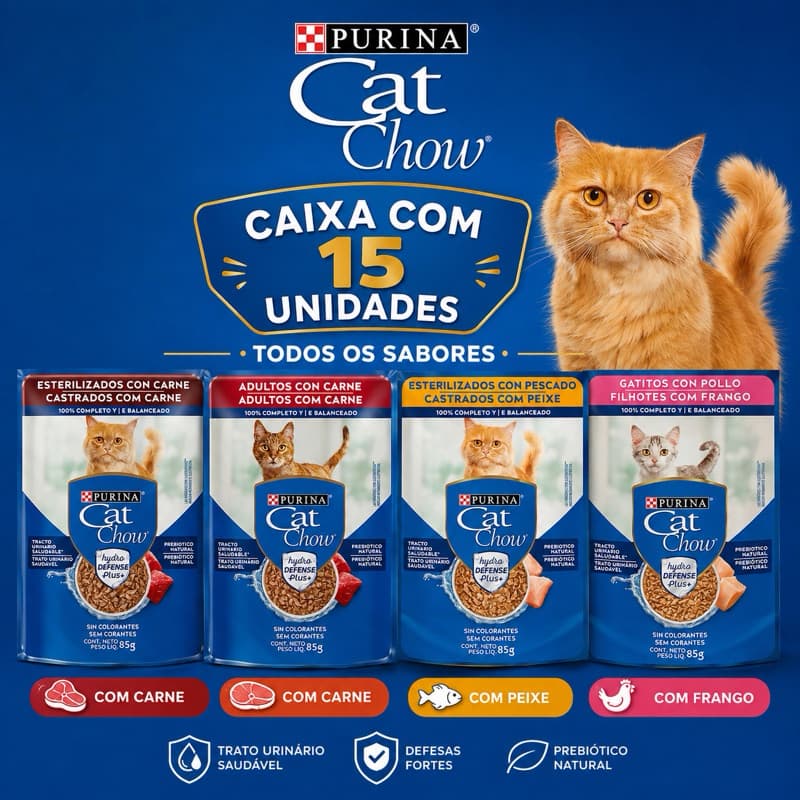 Sache Cat Chow 85g Purina – Kit 15 Unidades Adultos, Castrados e Filhotes, Todos Sabores
