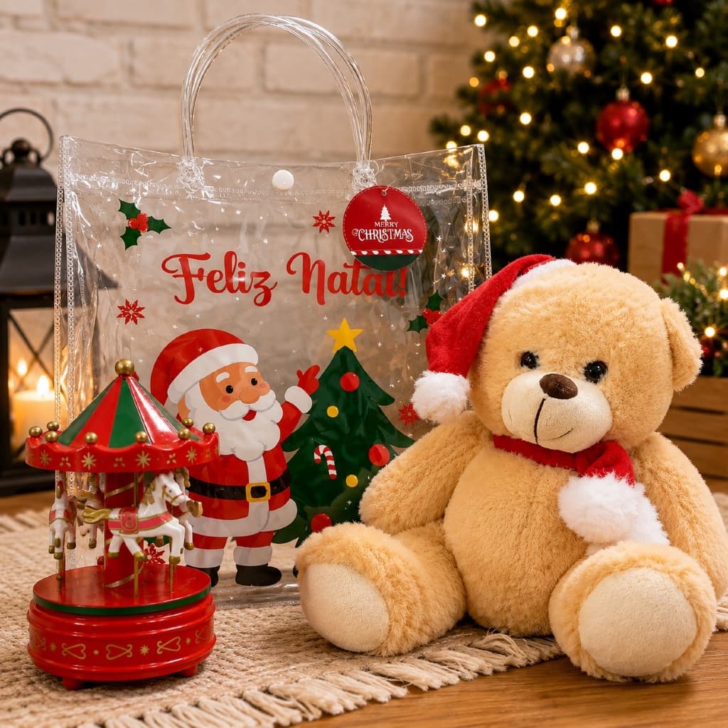 Kit Presente De Natal 3 Peças Sacola Ursinho Carrossel Natalino