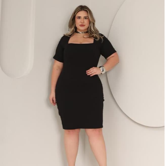 Vestido Feminino Plus Size Tubinho Midi  Gola Decote Quadrado Manga Curta Canelado Premium  GG G1 G2 G3