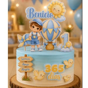 Topo De Bolo Personalizado Balao De Ar Quente Menino Cute - 1 Ano 365 Dias Nome Idade Papelaria
