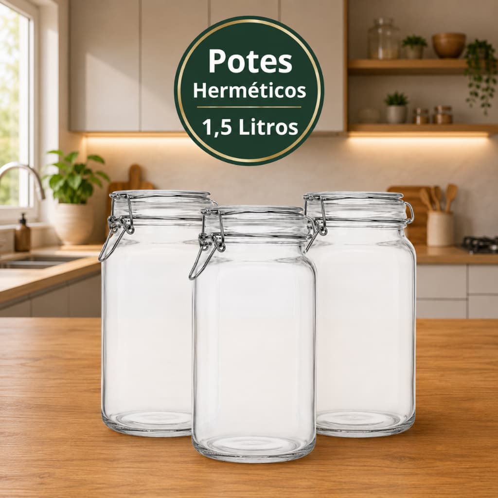 Pote de Vidro com vedação Hermética e Trava de Inox - 1,5 L - Pote de Vidro Ideal para mantimentos