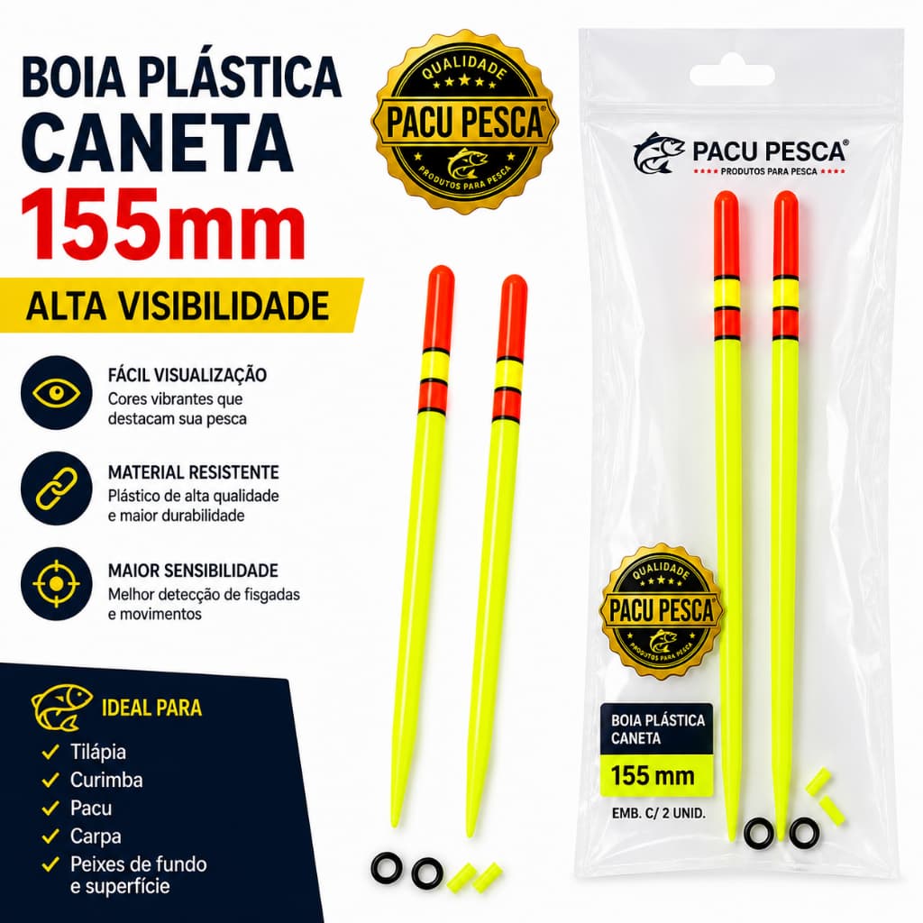 Kit 2 Boias Plásticas Caneta 155mm PACU PESCA – Alta Visibilidade para Pesca de Tilápia, Curimba e Peixes de Fundo
