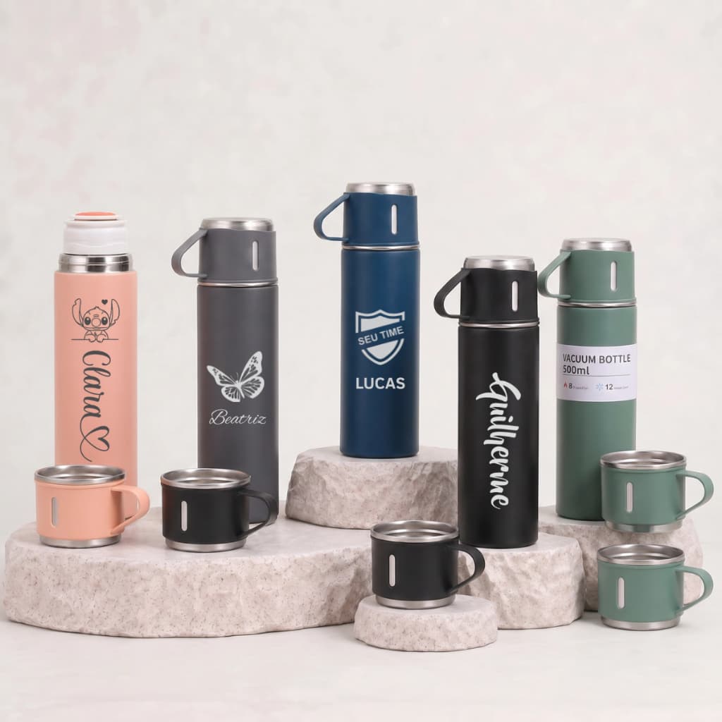 Kit Garrafa 3 Xícaras Personalizado 500ml Squeeze Térmica Inox Copo Bebida Quente Fria Tampa Vácuo