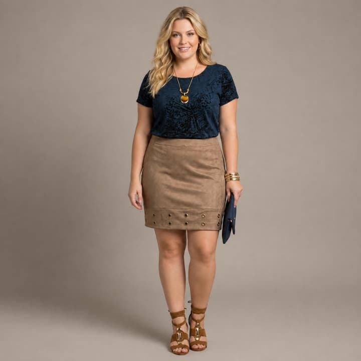 Mini Saia Suede Plus Size com Ilhós na Barra | Zíper Lateral, Estilosa e Confortável