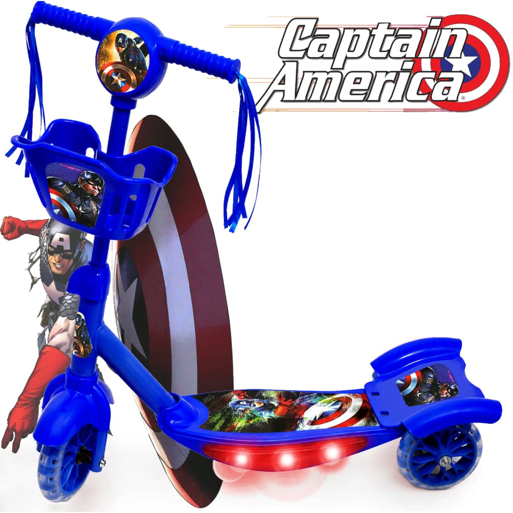 Patinete Infantil 3 Rodas com Cesta Com música Capitão america Azul meninos