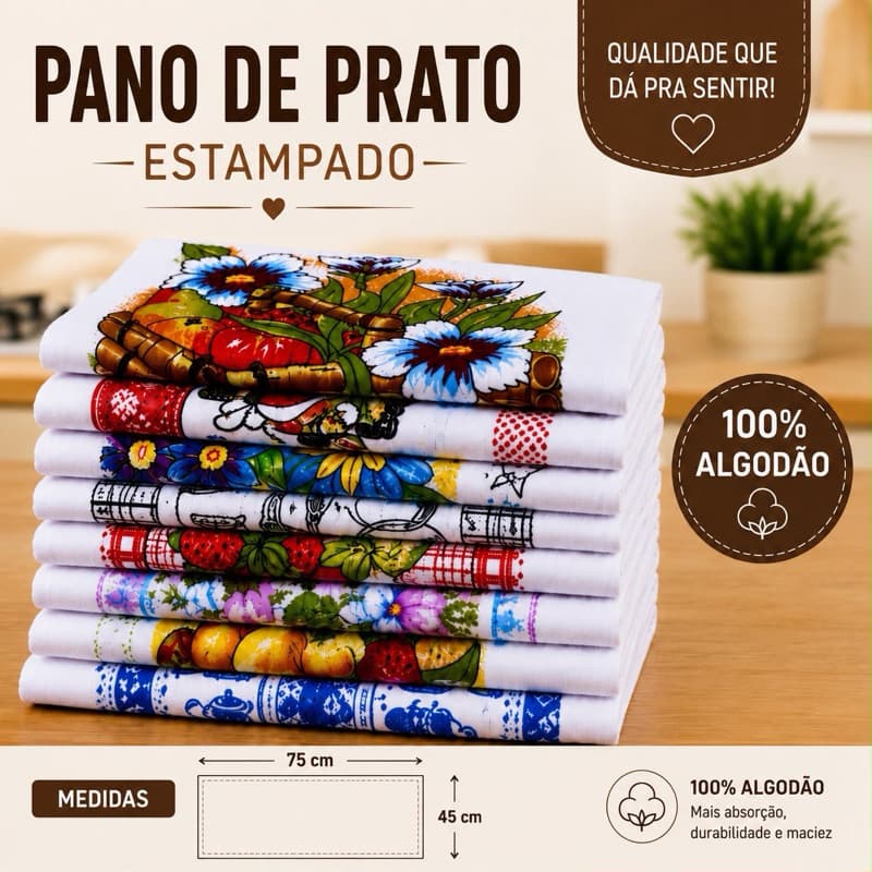 Pano De Prato Estampado Bainha Kit Com 10 Peças 100% Algodão