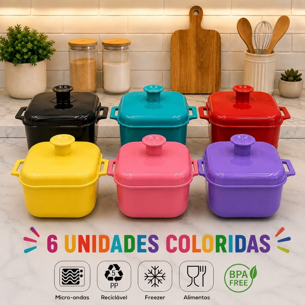 KIT COM 6 PANELAS DE MICROONDAS DE PLASTICO CAÇAROLA 1,5 LITROS/ POTES DE PLASTICO/ POTE MULTIUSO.