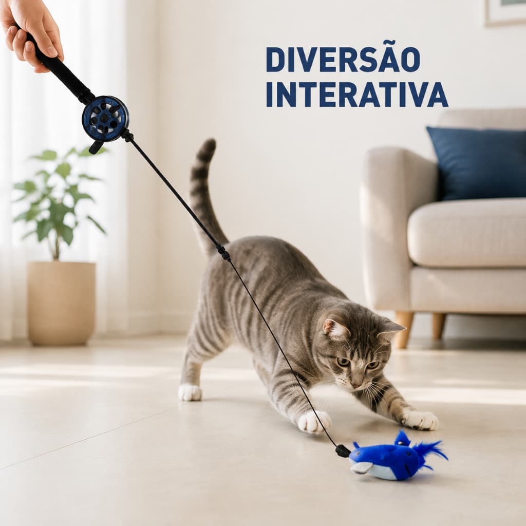 Kit Varinha de Pesca Retrátil para Gatos 35cm com Carretel e 3 Ponteiras de Pena Brinquedo Interativo Anti Tédio
