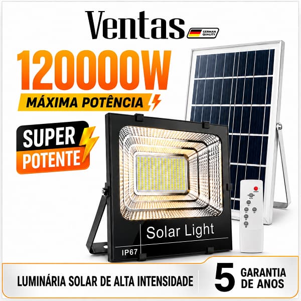Ventas Refletor Solar LED 120000W Ultra Potente IP69 com Painel Solar para Jardim, Rua e Garagem