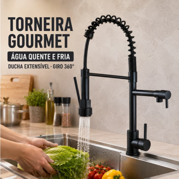 Torneira Gourmet para Cozinha Monocomando Ducha Extensível Quente e Fria Aço Inox