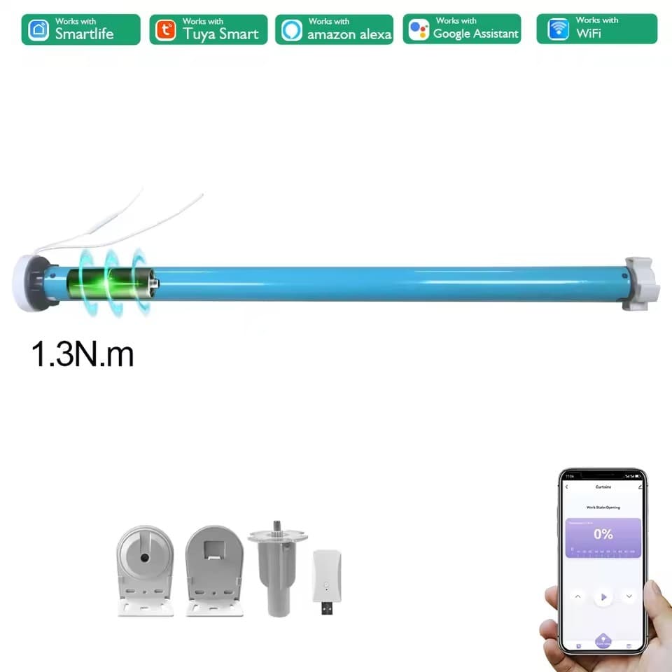 Motor de Persiana de Rolo Bateria Tuya WiFi 3200mAh 1.3Nm com USB Dongle Compatível Tubo 37mm 38mm Alexa Google Alice