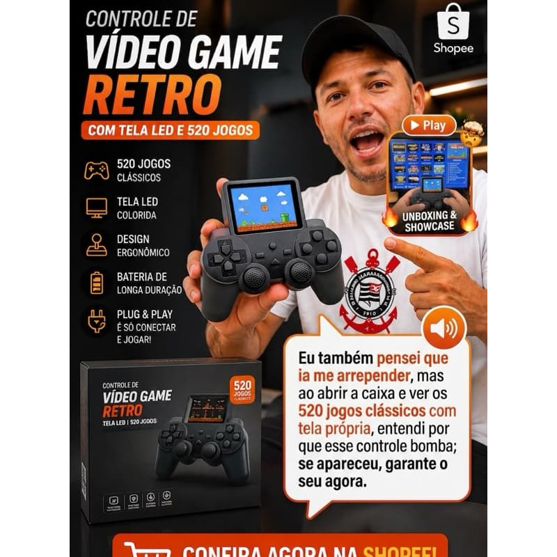 520 JOGOS EM UM SÓ CONTROLE! 🎮🔥 Tela LED + diversão garantida!