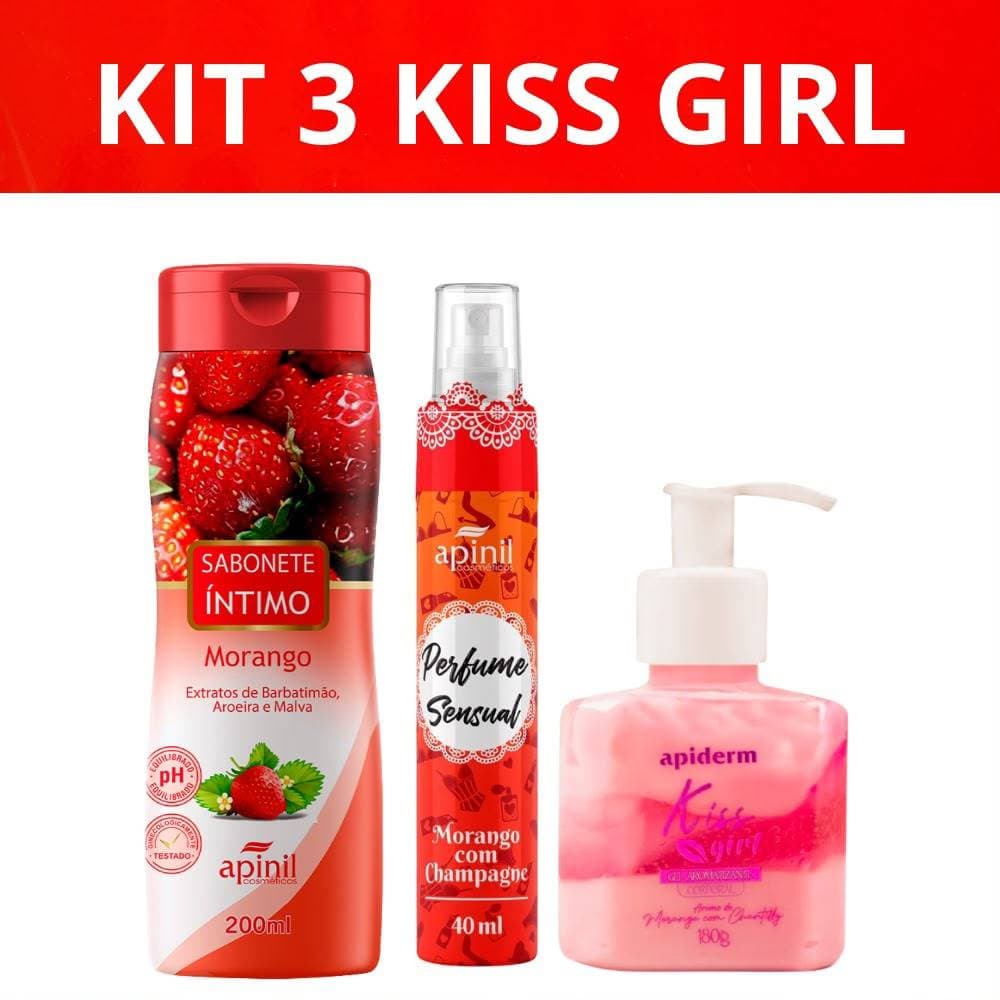 Kit 3 Kiss Girl Apinil Sabonete Íntimo Morango + Perfume Sensual + Loção Massagem
