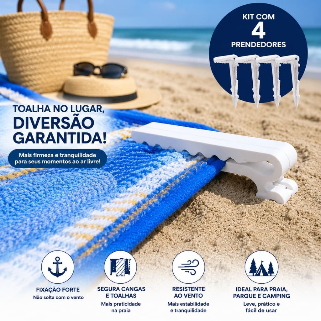 Kit com 04 Prendedores para Canga e Toalha de Praia/ Suporte Âncora para Areia, Parque e Camping