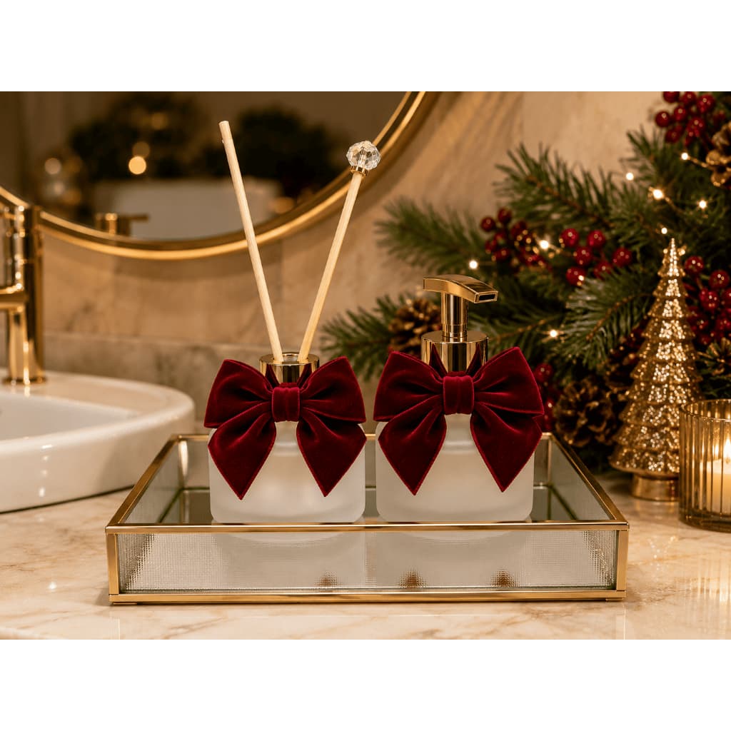 Kit Lavabo Luxo 6 Peças Vidro Fosco Difusor Saboneteira Laço de Veludo Vinho Decoração Natal Para Banheiro Lavabo