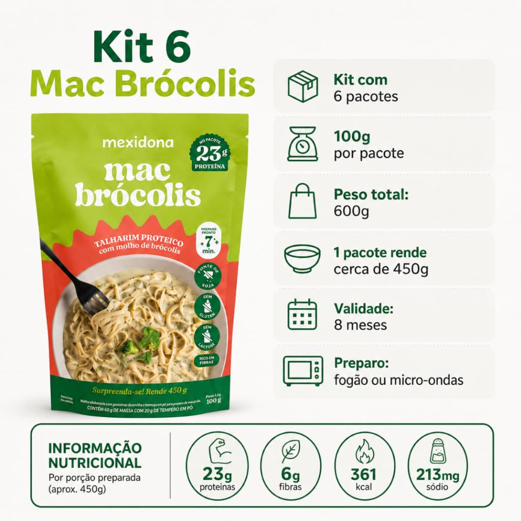 Mexidona Kit 6 Mac Brócolis Proteico Fit Natural 100gr. Sem  Glúten Vegano Rico em Fibras S/ Lactose