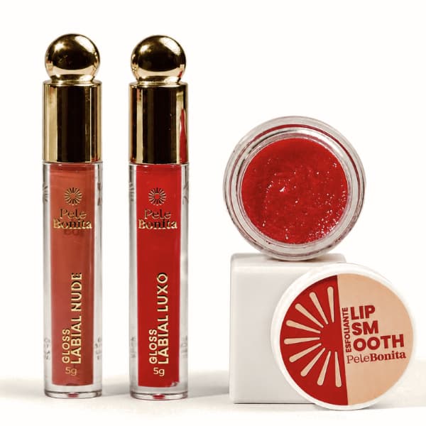 Kit Lábios Pele Bonita Gloss Luxo Nude  Vermelho Intenso e Lip Smooth Dragon Esfoliação e Hidratação Labial