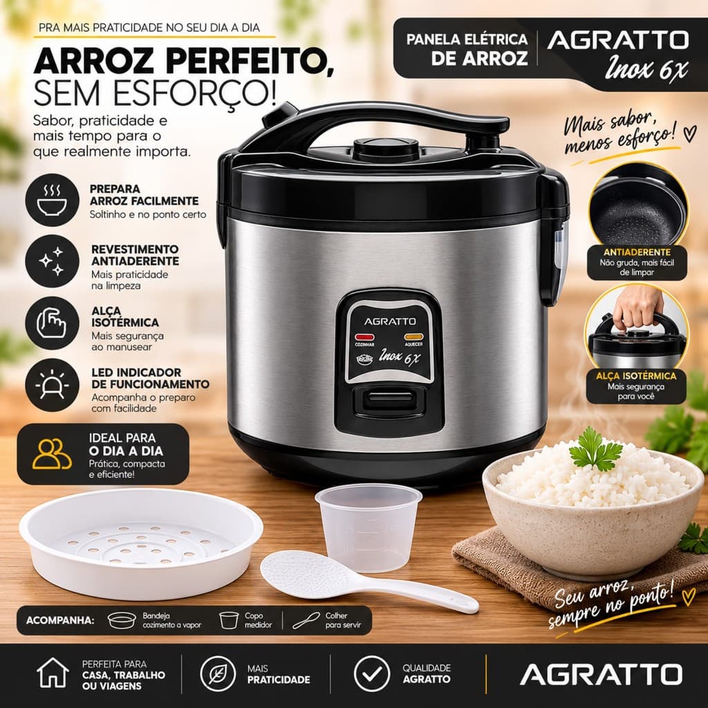 PANELA ELETRICA ARROZ COM VISOR DE VIDRO 6 XICARAS 220V INOX AGRATTO