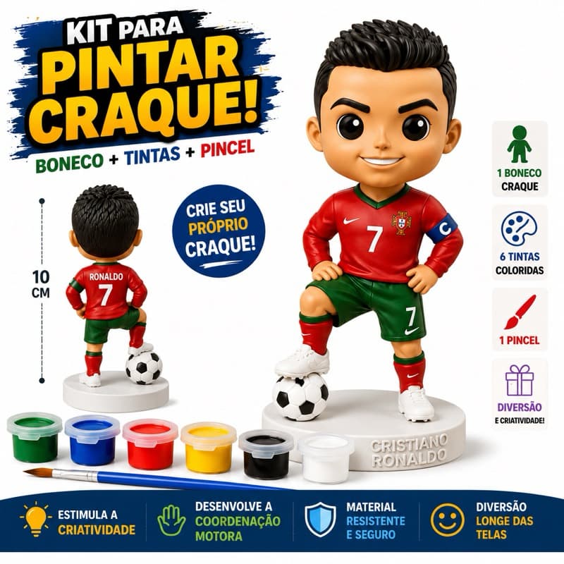 Kiit Cristiano Ronaldo 3D para Pintar | Boneco 10cm + 6 Tintas + Pincel decolorir