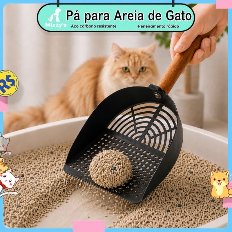 Pá Coletora de Areia para Gatos em Aço Carbono com Furos Finos e Gancho Integrado