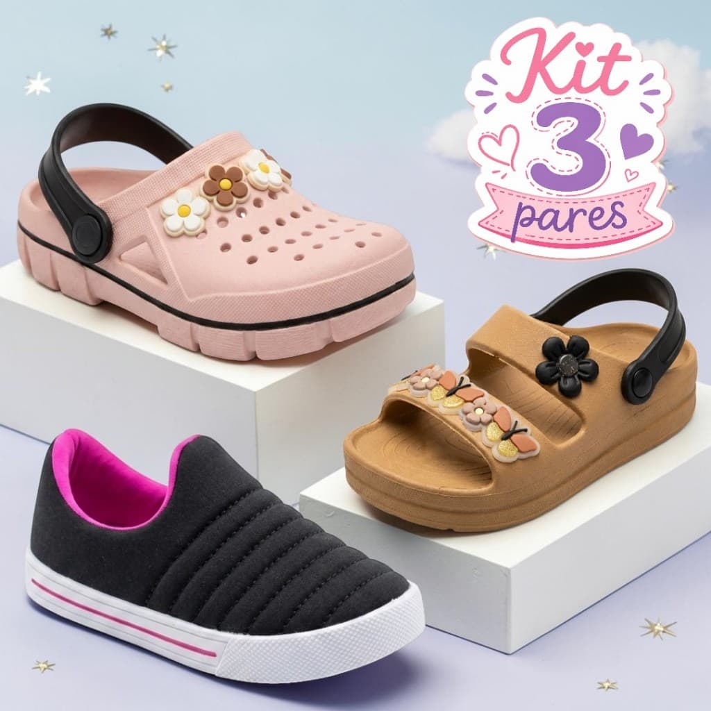 Kit 3 Calçados Infantil Menina Babuche Papete Tênis Antiderrapante