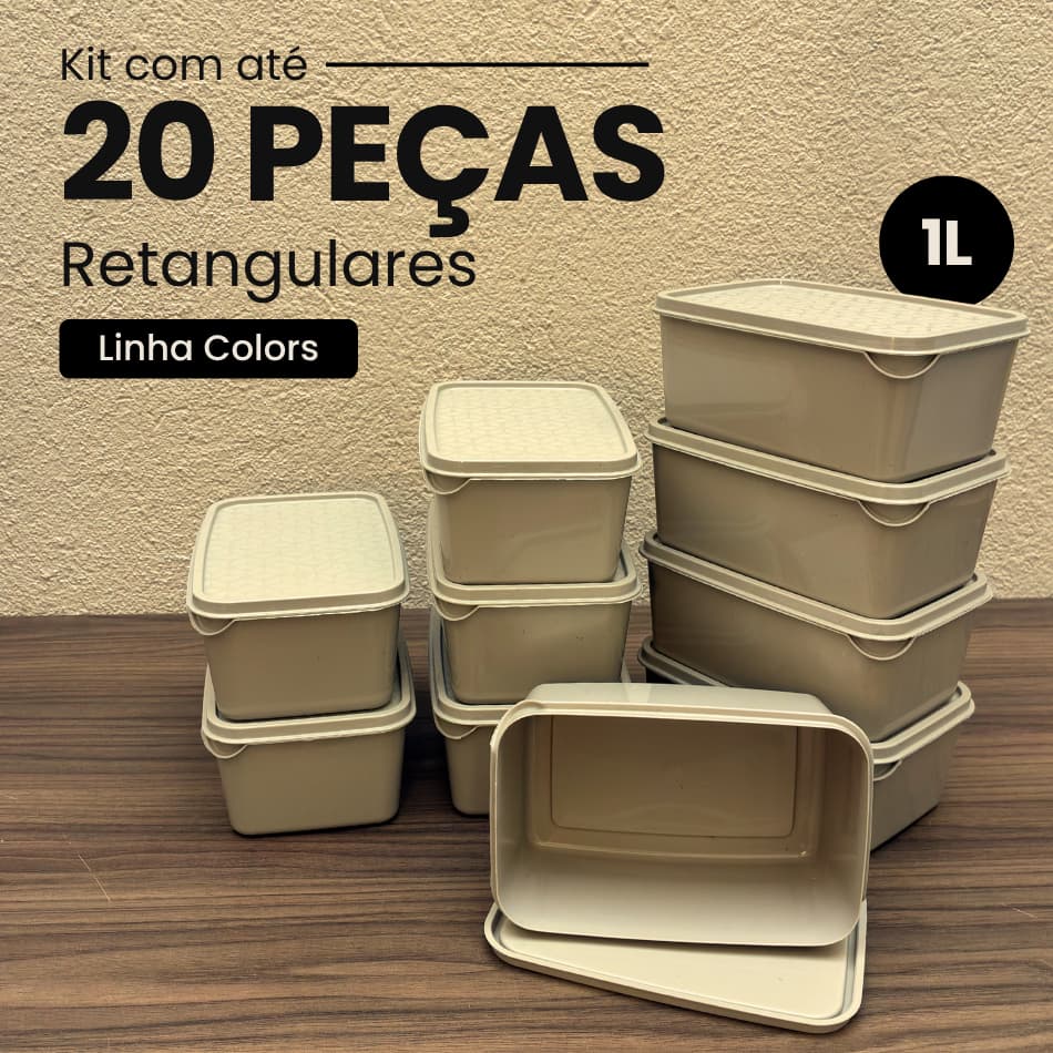 Kit até 20 Potes Retangulares Marmita 1L Coloridos com Tampa Freezer Organizador Cozinha Geladeira