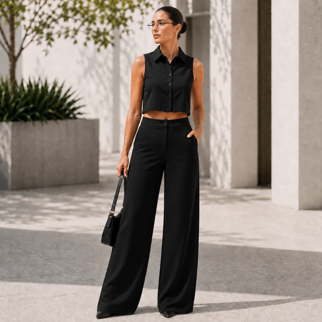 Conjunto Alfaiataria Feminino Blusa Cropped e Calça Pantalona Elegante Social Premium Gola Alta Festa Casamento Casual