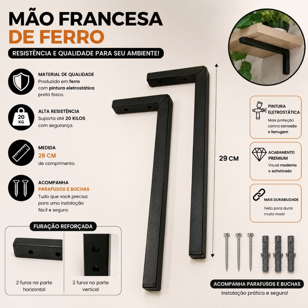 Mão Francesa Reforçada de Ferro 29cm para Prateleira Pia Bancada Suporte de Parede Preto