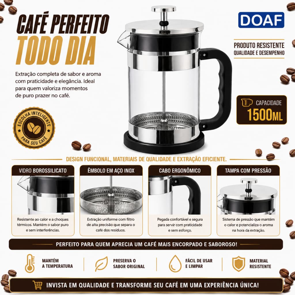 Cafeteira Prensa Francesa Cremeira Inox 1,5L