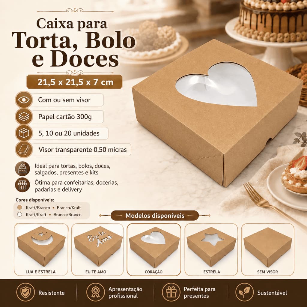 Caixa para Salgados Lanches Combo Torta 21,5x21,5x7cm Kraft Branca