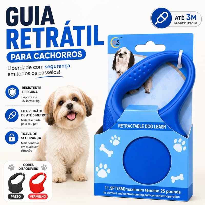 Guia Retrátil para Cachorro 3M – Fita Retrátil com Trava, Cores Variadas