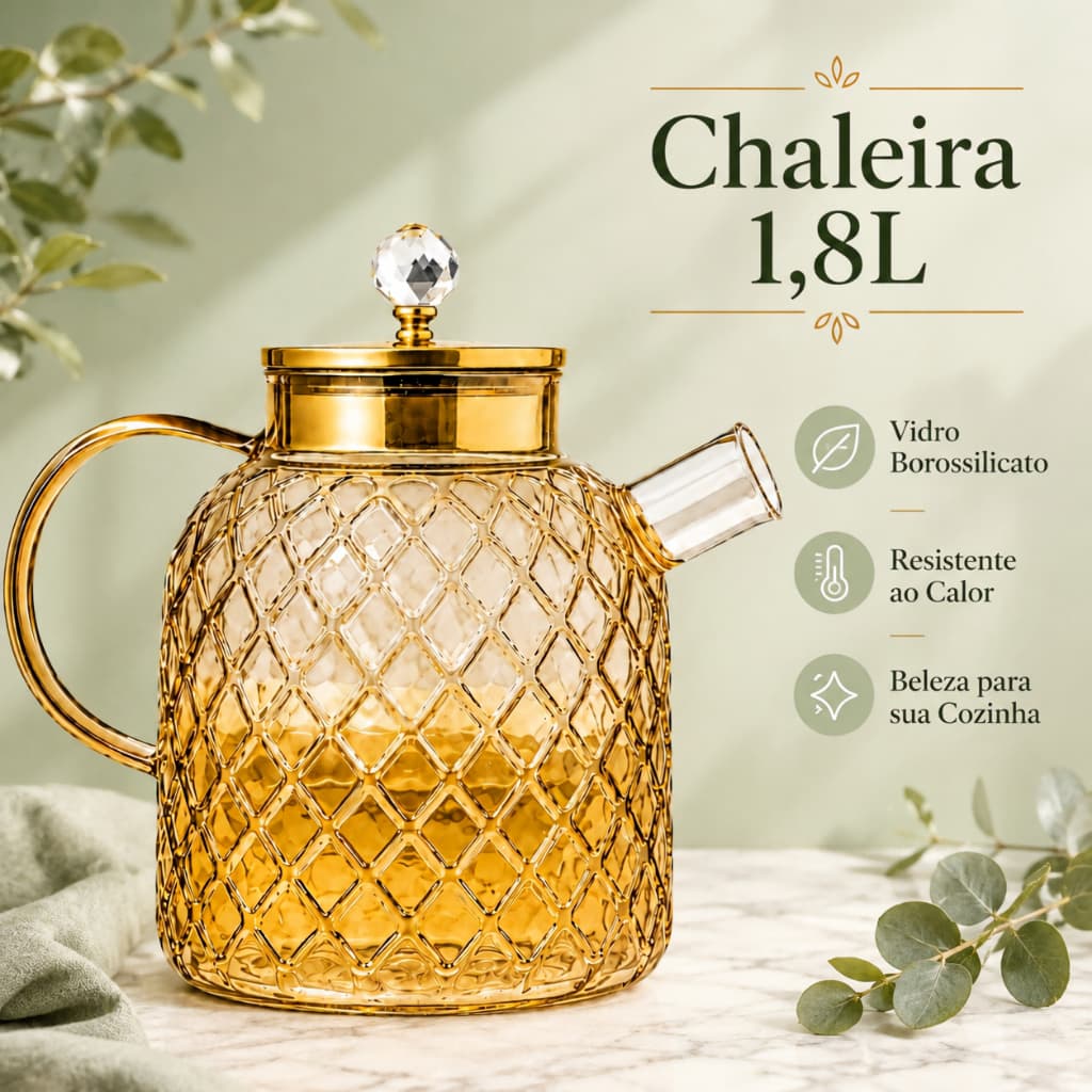 VidroViva Chaleira de Vidro Âmbar 1,8L com Filtro Inox Borossilicato Resistente ao Calor para Chá Café e Infusões