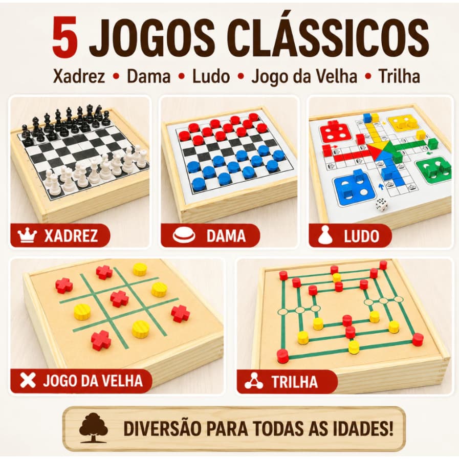 Jogo de Mesa 5 em 1 Xadrez, Dama, Trilha, Ludo, Jogo Da Velha Completo Jogo Tabuleiro 5x1 Brinquedo