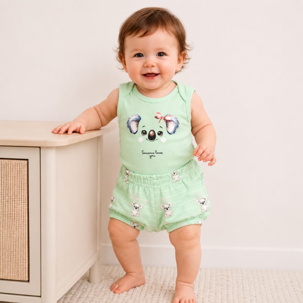 Conjunto Bebê Menina Body e Shorts em Suedine com Estampa de Coala Zupa Zuka (Roupa de Bebê)