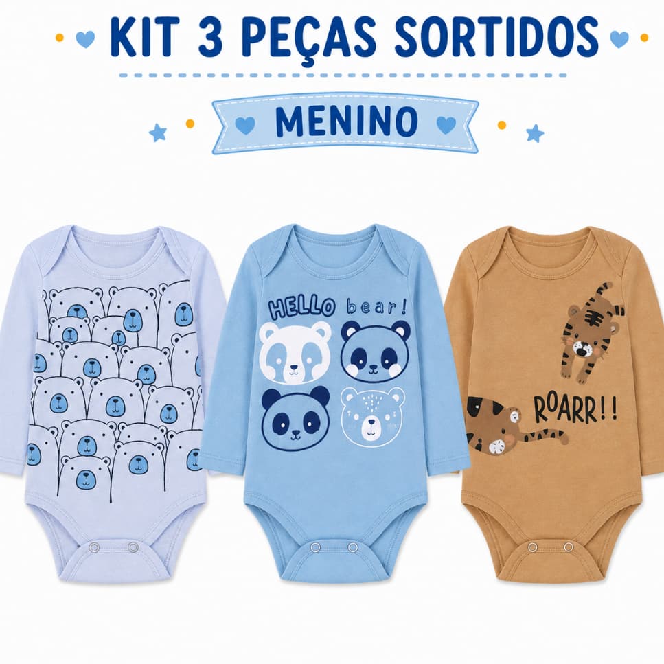 Kit 3 Body Bebê Manga Longa Inverno Menino Roupas de Bebê Sortido