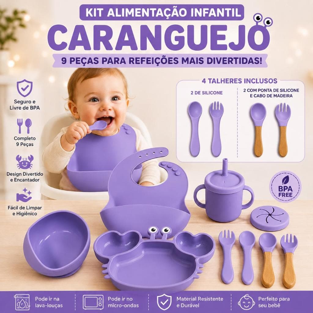 Kit Alimentação Infantil Caranguejo 9 Peças Silicone Bebê Prato Tigela Copo com Canudo Talheres