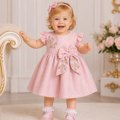 Vestido Bebê Luxo Bordado com Pérolas Laço Grande Brilho Festa Princesa Azul Bebê Elegante Confortável Brokinha