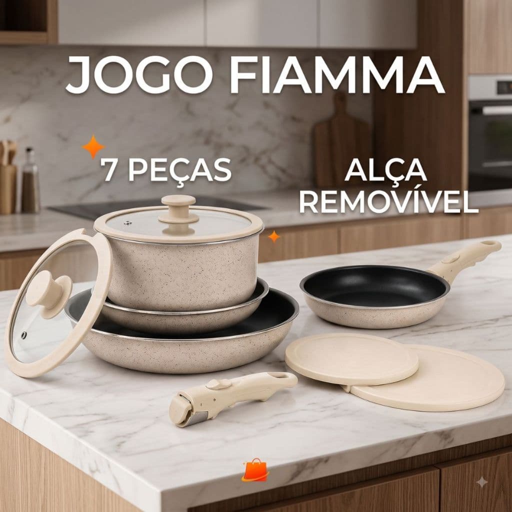 Jogo de Panelas Wincy Casa Fiamma 7 Peças Alça Removível Antiaderente Bege