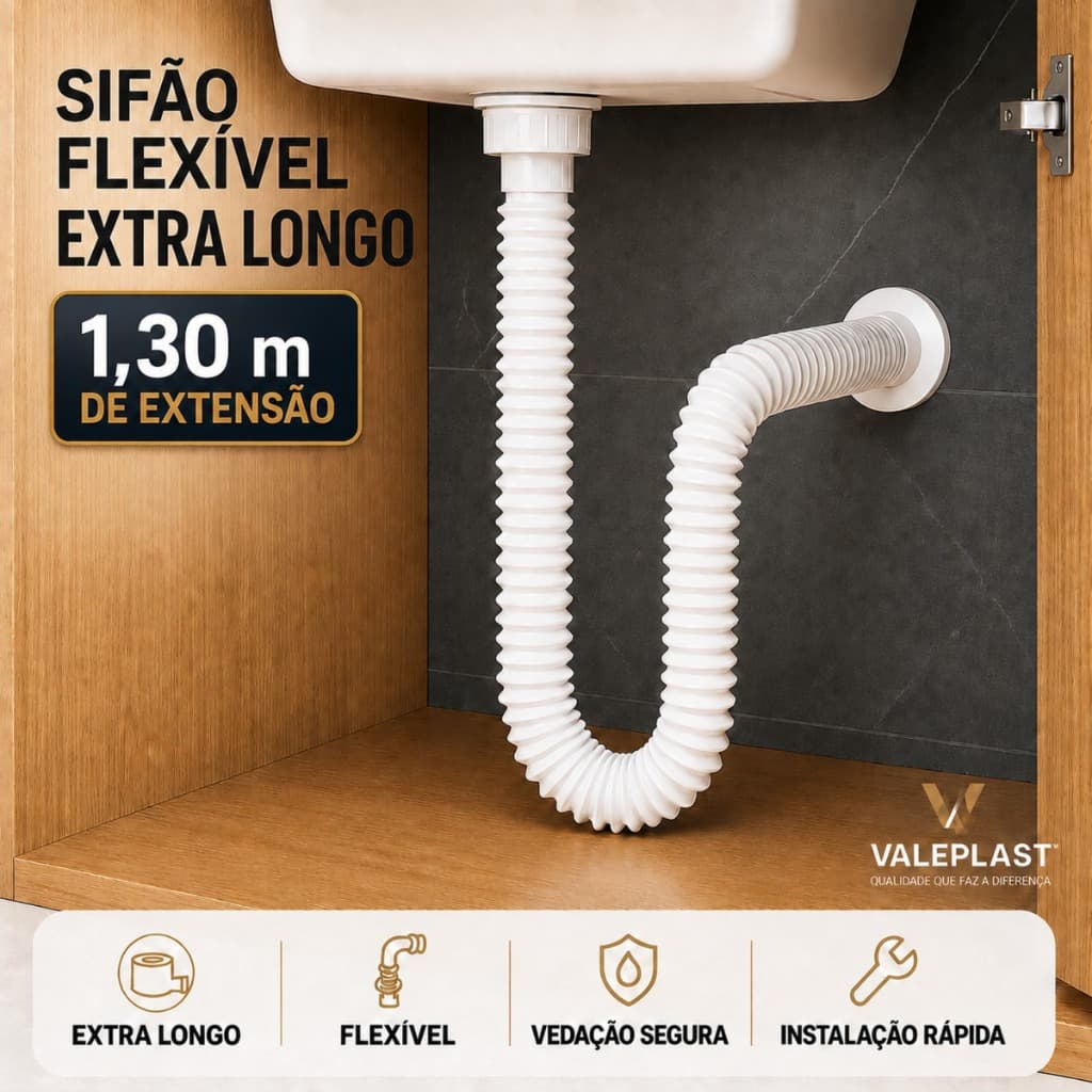Sifão Sanfonado Extra Longo Alongado Universal Branco Preto Pia Tanque Lavatório Cozinha Banheiro