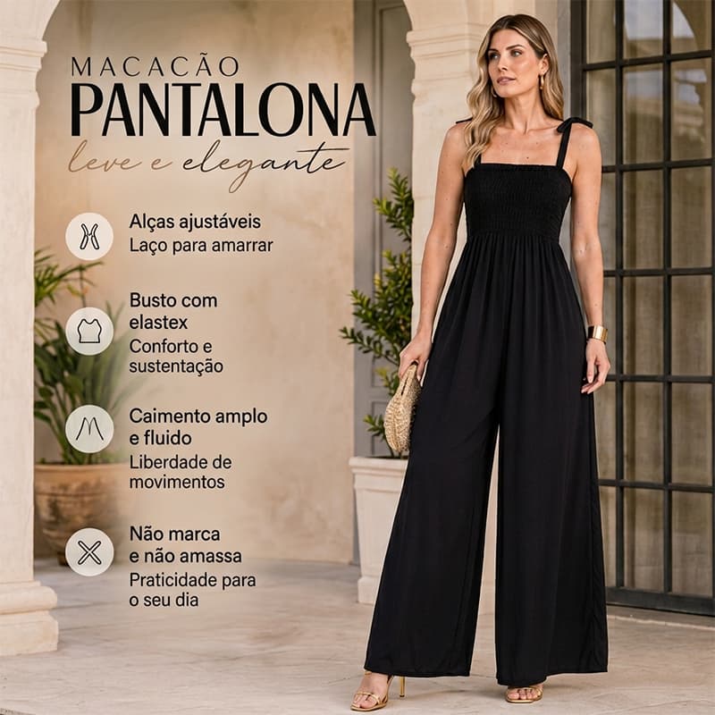 Macacão Feminino de Perna Larga, Elegante e Casual para o Dia a Dia, com Busto em Lastex, Sem Mangas e Modelagem Solta