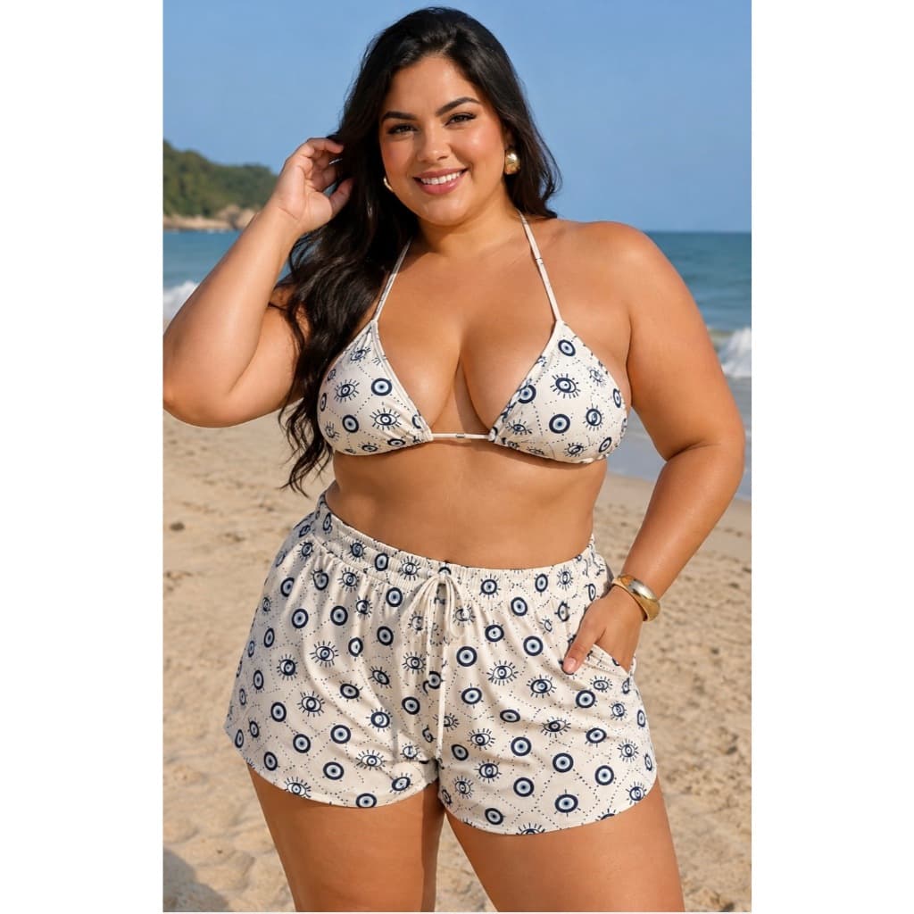 Biquini plus size tres peças com shorts trikini estampas 46 ao 50