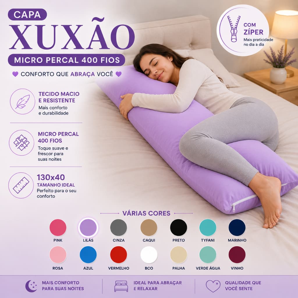 Fronha Xuxão MicroPercal 400 fios com Zíper, 1.30x0.40, Travesseiro de Corpo, Gestante, Super Macia