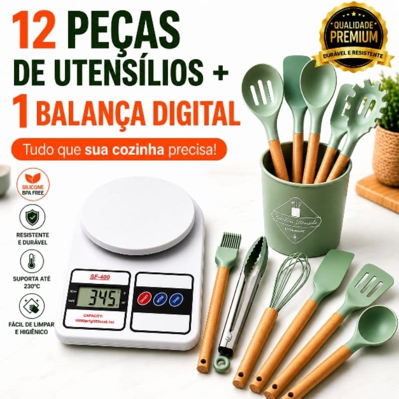 kit 12 Utensílios de Cozinha Silicone + Balança Digital
