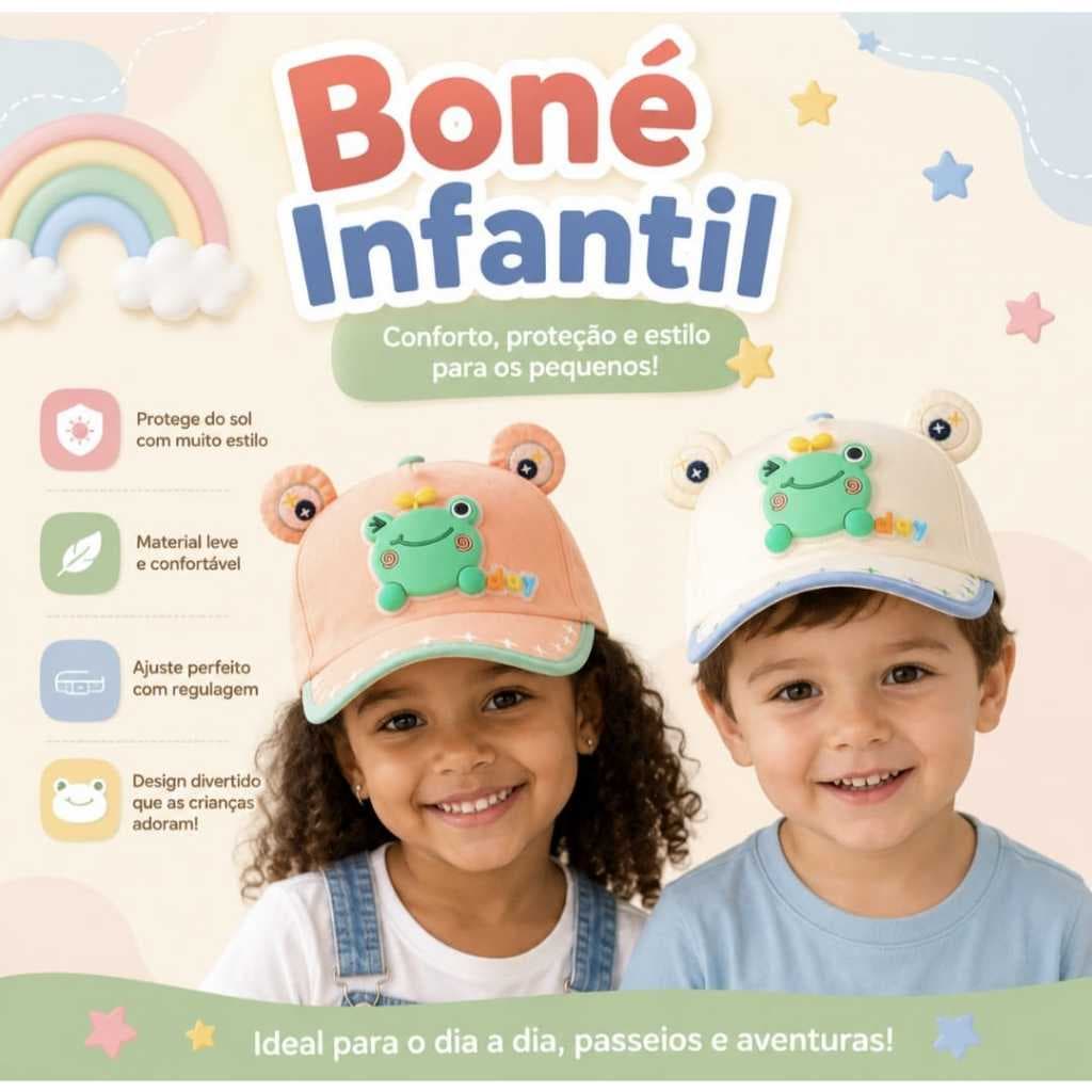 Boné Infantil Sapo Beisebol Menino Menina até 7 Anos | Boné Infantil Divertido Proteção Solar Acessório Criança