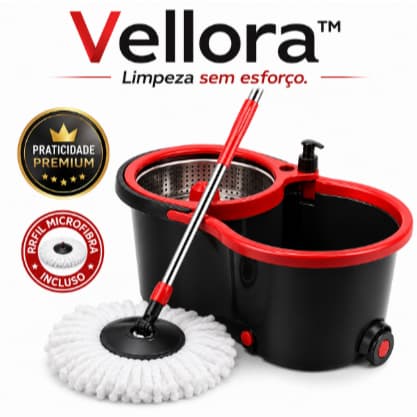 Mop Giratório Vellora™ com Balde, Rodas e Alça, Refil Microfibra, Esfregão Limpeza Fácil
