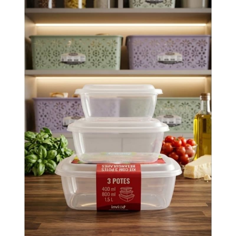Kit 3 potes de plástico. Capacidade de 1.5 litros / 800 ml / 400ml
