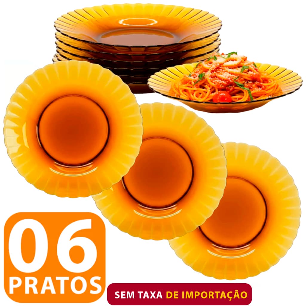 Jogo conjunto 6 Pratos Fundos sopa ambar storn Vidro 22cm Resistente importado Semelhante a Duralex